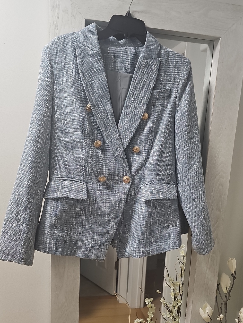 Womens Double-Breasted Textured Blue Blazer, S
